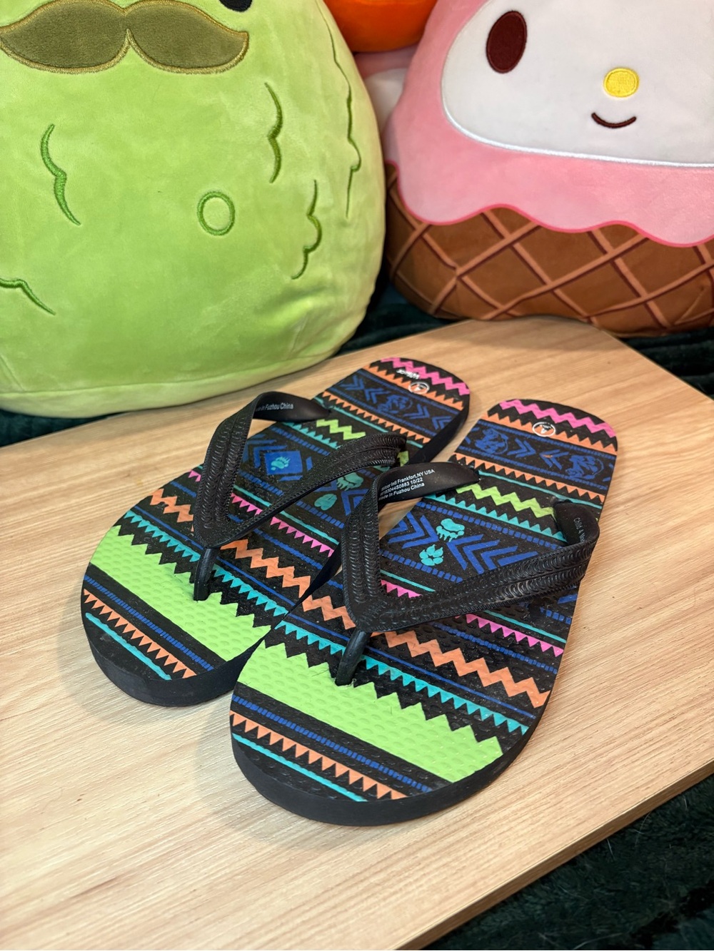 Kids Black Tribal-Print Flip Flops